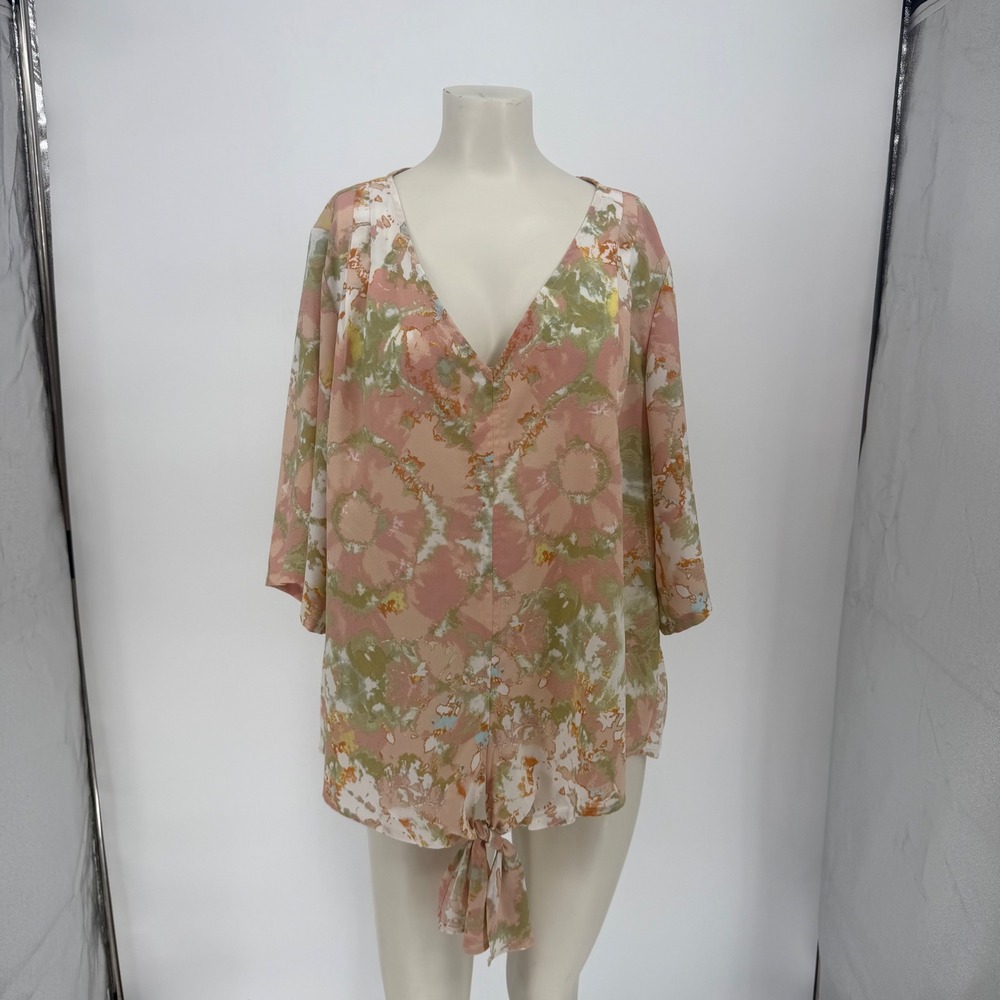 Belle by Kim Gravel Pink Green Abstract Floral Tie Front VNeck Blouse 1X A392578